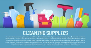 Temizlik malzemeleri afiş vektör Illustration. Ev temiz araçlar. Fırça, kova pencere mendilleri ve kimyasallar aracı. Süpürge, antiseptik mendiller ve Kauçuk eldivenler Yıkama Deterjanları.