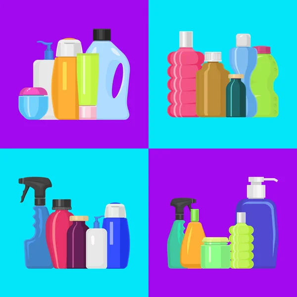 Banyo şişeleri afiş vektör illüstrasyon. Krem, vücut losyonu, şampuan ve sabun, süt ve jel için Plastik Konteyner şişeler, tüpler ve kavanozlar. Ev şişeleri, temizlik sıvısı. — Stok Vektör