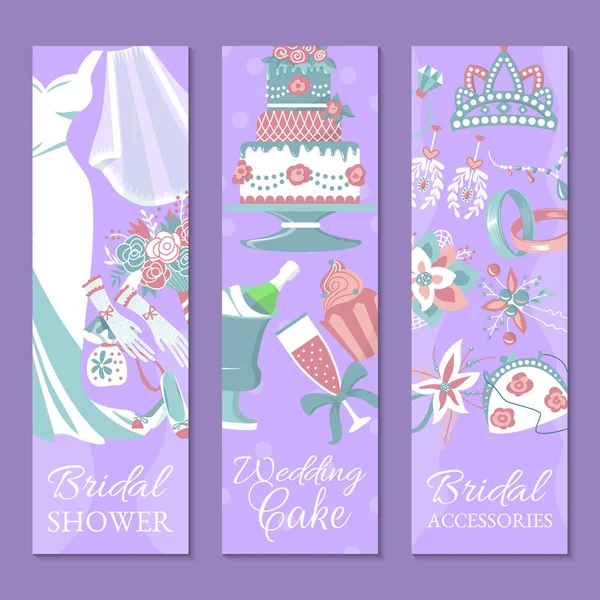 Juego de ducha nupcial de banners ilustración vectorial. Guarda la fecha. Pastel de boda. Accesorios de boda como ramo de flores, vestido, copa con champán, pastel, guantes, zapatos, ligas . — Archivo Imágenes Vectoriales