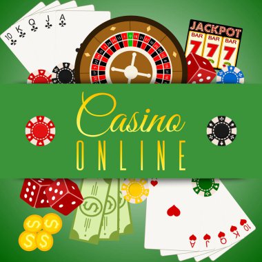Casino online banner vector illustration. Includes roulette, casino chips, playing cards, winning money. Sack of money, credit card, dice, golden coins. Background for Internet game.