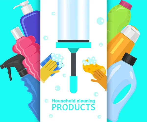 Household cleaning products banner vector illustration (em inglês). Ferramentas limpas em casa, como escova, balde, toalhetes de janela e ferramenta de produtos químicos. Vassoura, toalhetes anti-sépticos e luvas de borracha, detergentes para lavagem . — Vetor de Stock