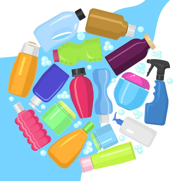 Serviço de limpeza redondo padrão vetor ilustração. Recipientes de plástico garrafas, tubos e frascos para creme, loção corporal, shampoo e sabão, leite e gel. Garrafas domésticas, líquido de limpeza . — Vetor de Stock