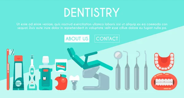 Dental Clinic banner vector illustratie. Dental Care Web Design. Set van tandheelkundige gereedschappen en apparatuur. Tandheelkunde, orthodontie. Gezonde schone tanden. Tandenborstel, pasta, Tooth Wash en floss. — Stockvector