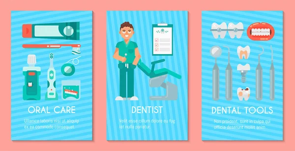 Odontología conjunto de banners ilustración vectorial. Clínica dental, atención oral. Conjunto de herramientas y equipos dentales. Amistoso dentista masculino sonriente. Ortodoncia. Dientes sanos y limpios . — Archivo Imágenes Vectoriales