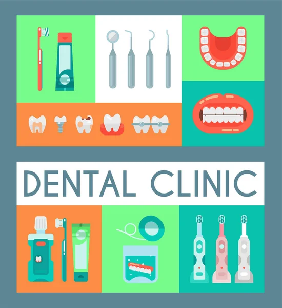 Dental clinic set of banners vector illustration. Dentistry, oral care with brush, paste, mouse wash. Set of dental tools and equipment. Orthodontics. Bad teeth, braces, jaw.