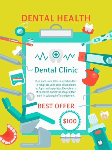 Dental health rposter vector illustration. Dental care web design. Set of dental tools and equipment. Dentistry, Orthodontics. Healthy clean teeth. Teeth brush, paste, tooth wash and floss.