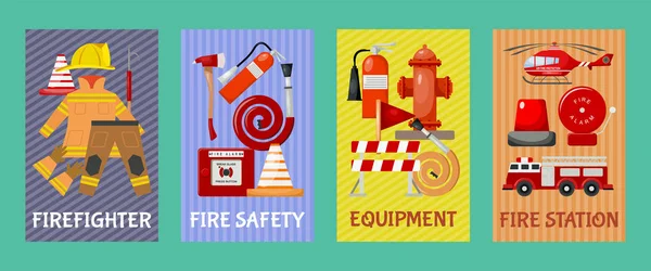 Brandveiligheid set kaarten, banners vector illustratie. Brandweerman uniform en inventaris. Apparatuur als firehose brandkraan, alarm, Bolder en brandblus station. — Stockvector