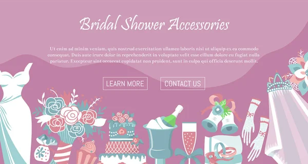 Νυφικά αξεσουάρ ντους banner απεικόνιση διάνυσμα. Σώστε την ημερομηνία. Ημέρα του γάμου. Γάμος στοιχεία μπουκέτο λουλουδιών, φόρεμα, γυαλί με σαμπάνια, τούρτα, γάντια, παπούτσια, καλτσοδέτες. — Διανυσματικό Αρχείο