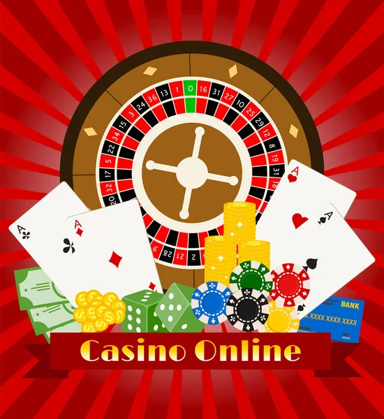 Casino online banner vector illustration. Includes roulette, casino chips, playing cards, winning money. Sack of money, credit card, dice, golden coins. Background for Internet game.