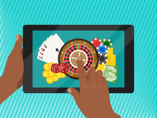 Ilustrace on-line vektor proužku. Zahrnuje ruletu, kasinové čipy, hrací karty, vítězné peníze. Kostky, hotovost, zlaté mince. Ruce držící tablet s internetovou hrou. — Stockový vektor