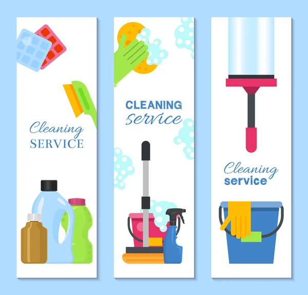 Παροχή καθαρισμού εικονογράφηση φορέα banner. Καθαρά εργαλεία στο σπίτι. Πινέλο, κάδος, μαντηλάκια και χημικά εργαλεία. Σκούπα, Αντισηπτικά μαντηλάκια και ελαστικά γάντια, απορρυπαντικά πλύσης. — Διανυσματικό Αρχείο