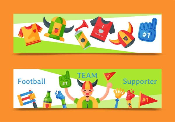 Fotbolls lag supporter uppsättning banners vektor illustration. Soccer sport fläkt attribut, Rooter buff man tillbehör och för nöd enheter för att heja på ditt favorit lag. Idrott Uniform. — Stock vektor