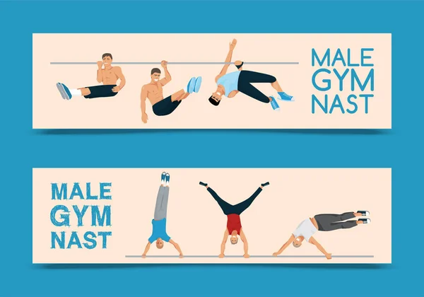 Male gymnast set of banners vector illustration. Competitive gymnastic. Horizontal bar. Parallel bars. Balance beam. Athlete man flyers. Exercising men in different poses.