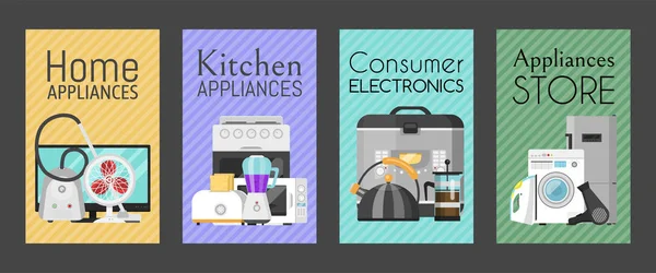 Συσκευές ηλεκτρονικών οικιακών συσκευών, απεικόνιση διανυσματικών καρτών. Κουζίνα και εξοπλισμός σπιτιού για το σπίτι. Πλυντήριο ρούχων, ηλεκτρική σκούπα, φούρνος μικροκυμάτων, βραστήρας, σετ τηλεόρασης, σίδερο. — Διανυσματικό Αρχείο