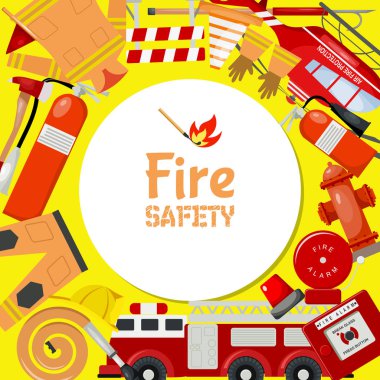 Yangın Emniyet yuvarlak desen vektör Illustration. Yangın söndürme ekipmanları ve araçları Firehose Hidrant, alarm, bariyer ve söndürücü. Kask ve eldiven ile itfaiyeci üniforma.