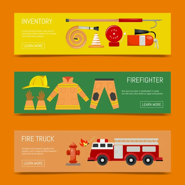 Ilustración vectorial banners de seguridad contra incendios. Equipo de extinción de incendios e inventario de hidrante de manguera, alarma, pilona y extintor. Uniforme bombero con casco y guantes . — Archivo Imágenes Vectoriales