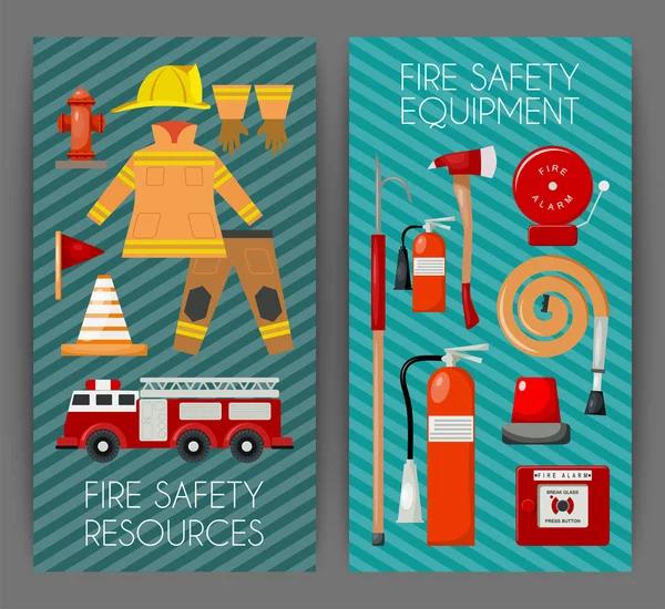 Conjunto de segurança contra incêndio de banners ilustração vetorial. Farda de bombeiro e inventário. Equipamento como hidrante de mangueira de incêndio, alarme, bollard e extintor . —  Vetores de Stock
