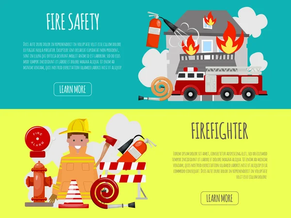 Εικονογράφηση πυροσβεστών. Πυροσβεστικός εξοπλισμός πυροσβεστήρας και πυροσβεστήρες. Πυροσβέστης με στολή με κράνος και μηχανή κοντά στο σπίτι. — Διανυσματικό Αρχείο