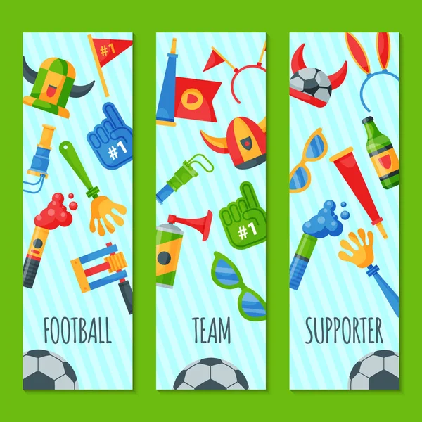 Fotbolls lag supporter uppsättning banners vektor illustration. Soccer sport fläkt attribut, Rooter buff man tillbehör och för nöd enheter för att heja på ditt favorit lag. Boll, hatt, flagga. — Stock vektor