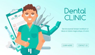 Diş Kliniği afiş vektör illüstrasyon. Diş Bakımı web tasarımı. Diş aletleri ve ekipman seti. Dost gülümseyen dişçi. Diş Hekimliği, Ortodonti. Sağlıklı temiz dişler.