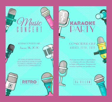 Afiş vektör illüstrasyon mikrofon seti. Canlı müzik konseri. Karaoke partisi posterleri. Şarkıcıların şarkıları kaydediyor. Festival reklamı. Kamu performansı. Kulüplerde şarkı söylemek.
