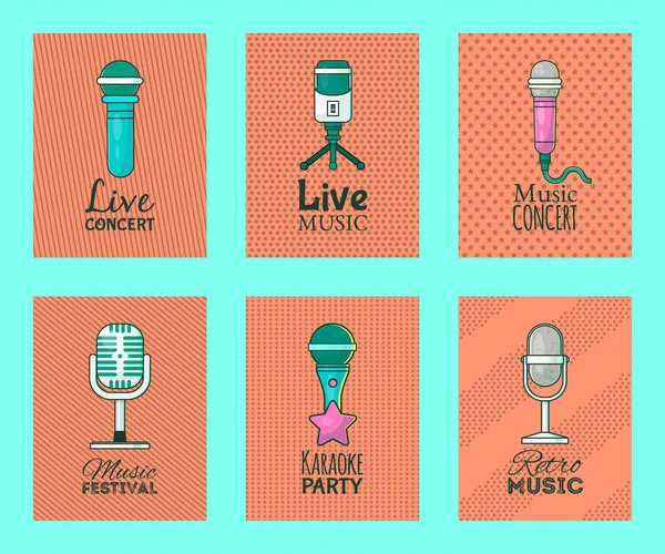 Microphone set of cards vector illustration. Live concert with music. Karaoke party. Music festival. Retro singers and recordings. Wireless technologies for press and mass media. — Stock Vector