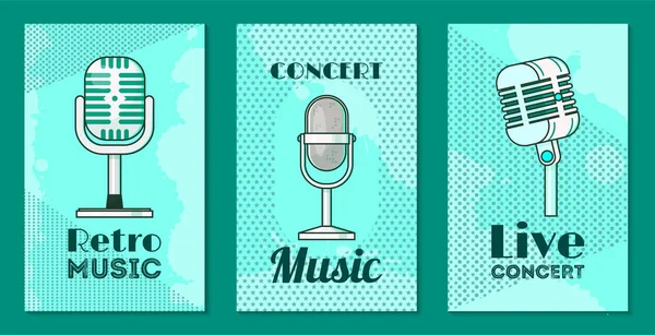 Microphone set of cards, posters vector illustration. Retro music, concert music, live concert. Recording songs by singers. Festival advertisement. Public performance banners. — Stock Vector