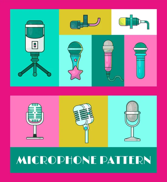 Microfoon set van banners vector illustratie. Live concert met muziek. Karaoke Party. Muziekfestival. Retro zangers en opnames. Draadloze technologieën voor pers en massamedia. — Stockvector