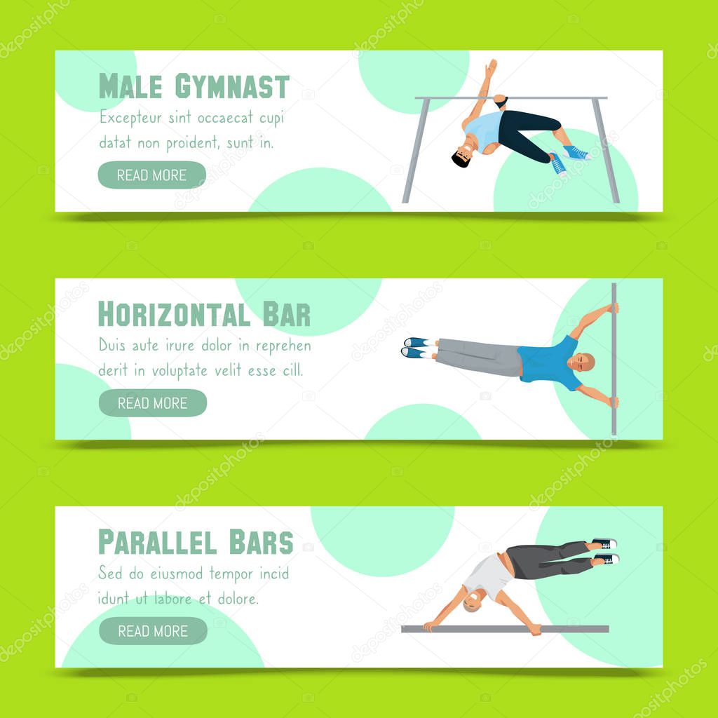 Male gymnast set of banners vector illustration. Competitive gymnastic. Horizontal bar. Parallel bars. Balance beam. Athlete man. Exercising men in different poses. Sportsman training.