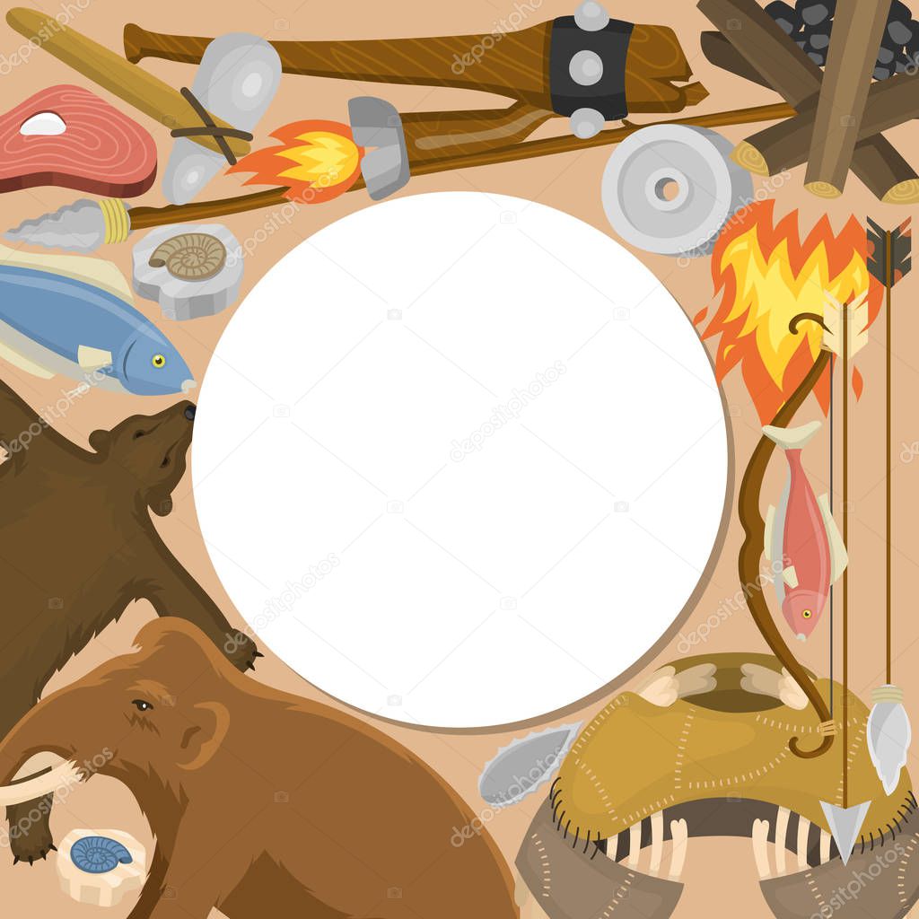 Stone age primitive prehistoric life round pattern vector illustration. Ancient tools and animals. Hunting weapons and household equipment. Neanderthals or homo sapiens. Fish and bear.