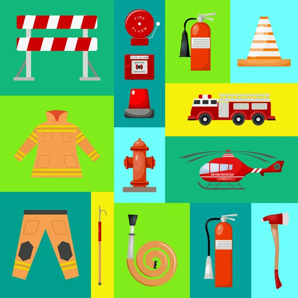 Brandveiligheid banner vector illustratie. Brandweerman uniform en inventaris. Helm, handschoenen. Apparatuur als brand slang kraan alarm, Bolder en blusser station. — Stockvector