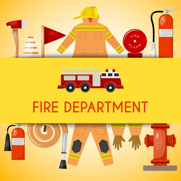 Fire department banner vector illustration. Firefighting equipment and tools firehose hydrant, alarm, bollard and extinguisher. Fireman uniform with helmet and gloves. — Stock Vector