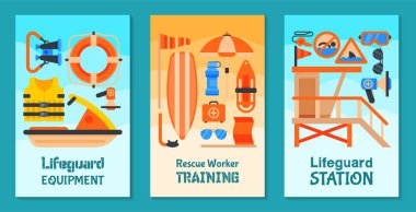 Kart vektör illüstrasyon lifeguard ekipman seti. Kurtarma işçi istasyonu. Cankurtaran eğitimi. Can yeleği, sandalye, bayrak, düdük, megafon, kurtarma, şişe gibi malzemeler.
