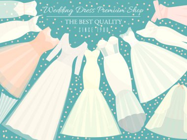 Gelinlik afiş vektör illüstrasyon farklı stilleri. Vücut tipiiçin mükemmel bir bez seçin. Düğün davetiyesi, gelin partisi. Tarihi kaydet. Moda elbise dükkanı.