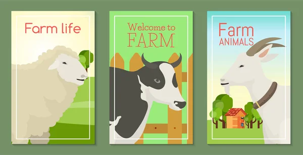 农场生活与动物集横幅矢量插图。收集可爱的宠物。家畜如牛在栅栏前，山羊，绵羊。本地市场。房子附近的农民有树. — 图库矢量图片