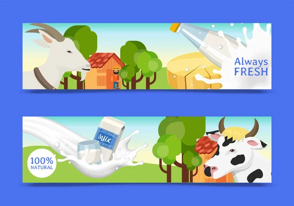 Fresh dairy products concept set of banners vector illustration. Organic, quality food. Great taste and nutritional value. Farm animal milk and cheese. Farmer near stable. — Stock Vector