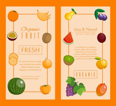 Taze ürün veya meyve çiftliği pazarı için afiş meyve seti. Organik ve doğal gıda vektör illüstrasyon. Muz, karpuz veya kavun, erik, portakal, üzüm, kivi, mango, elma.