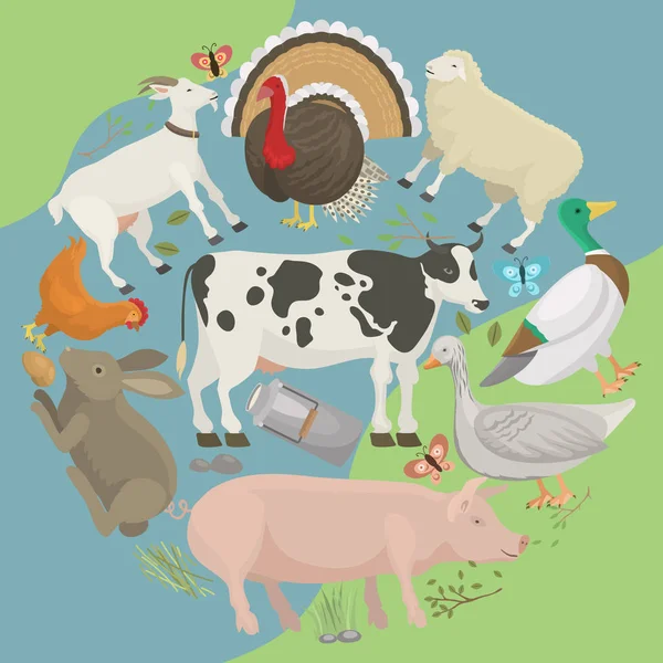 Farm élet állatok banner vektoros illusztráció. Gyűjteménye aranyos háziállat. Háziállatokat, mint tehén, sertés és liba, pillangó, tyúk, pulyka, csaj, nyúl, juh. Helyi piacon. Tojás. — Stock Vector
