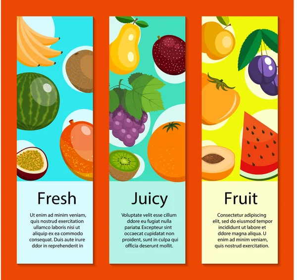 Conjunto de banners de frutas para o mercado de produtos frescos ou frutas agrícolas. Ilustração vetorial de alimentos orgânicos e naturais. Banana, melancia ou melão, ameixa, laranja, uvas, quivi, manga, maçã . — Vetor de Stock