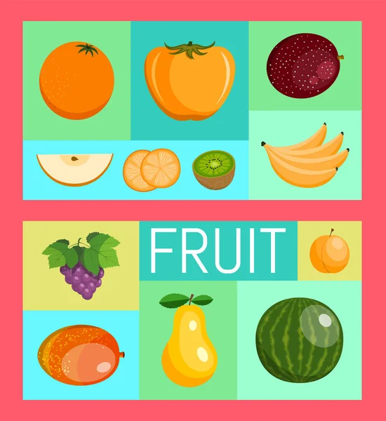 Fruit set of banners for fresh product or fruit farm market. Organic and natural food vector illustration. Banana, watermelon, pear, plum, orange, grapes, kiwi, mango, apple. — Stock Vector