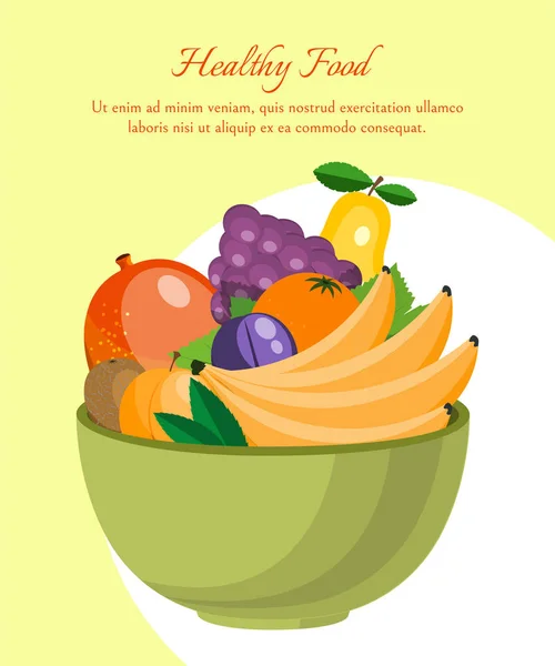 Cartel de dieta de frutas. Mercado de frutas. Ilustración de vectores de alimentos orgánicos y naturales. Cuenco con productos frescos como plátano, melocotón, pera, ciruela, naranja, uvas, kiwi, mango, manzana . — Vector de stock