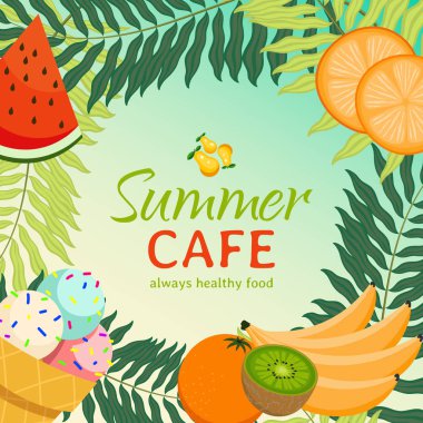 Summer cafe banner vector illustration. Always healthy food poster. Juicy, organic, fresh fruit such as watermelon, slices of orange, banana, kiwi, pear. Ice cream and palm tree leaves.