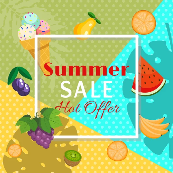 Summer sale banner with fruits such as orange, watermelon, banana, kiwi, grapes, plum, pear with tree leaves and ice cream vector illustration. For Promotions. Special hot offer.