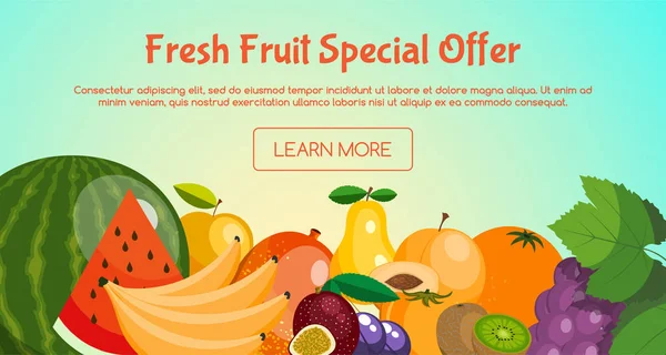 Banner de oferta especial de frutas frescas com frutas como laranja, melancia, banana, kiwi, uvas, ameixa, pêra, pêssego, manga, ilustração vetorial de maçã. Para Promoções. Venda de verão . — Vetor de Stock