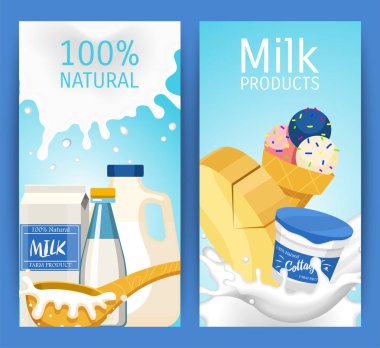 Taze süt ürünleri kavramı afiş vektör illüstrasyon seti. Organik, kaliteli yiyecekler. Büyük tat ve besin değeri. Çiftlik hayvan sütü, dondurma ve süzme peynir.
