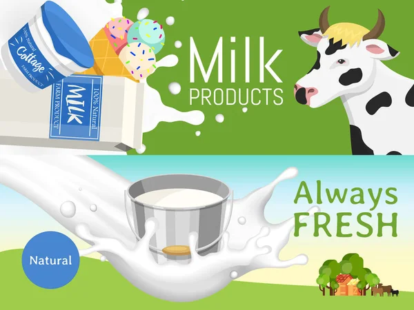 Friss tejtermékek koncepció banner vektor illusztráció. Bio, minőségi élelmiszer. Nagy íz-és tápérték. Farm állati tej, fagylalt és túrós. Fákkal stabil. — Stock Vector