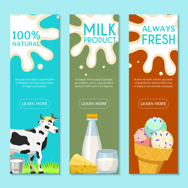 Friss tejtermékek koncepciókészlet bannerek vektoros illusztráció. Bio, minőségi élelmiszer. Nagy íz-és tápérték. Farm állati tej, fagylalt és túrós. — Stock Vector