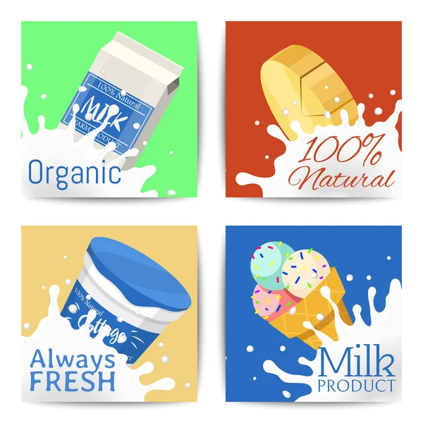 Fresh dairy products concept set of banners, cards vector illustration. Organic, quality food. Great taste and nutritional value. Farm animal milk, ice cream and cottage cheese. — Stock Vector