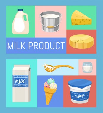 Süt ürünleri ve süt vektör çizim ayarlayın. Taze, kaliteli, organik gıda afiş kümesi. Büyük lezzet ve besin değeri. Süt, peynir, yoğurt, peynir, ekşi krema.
