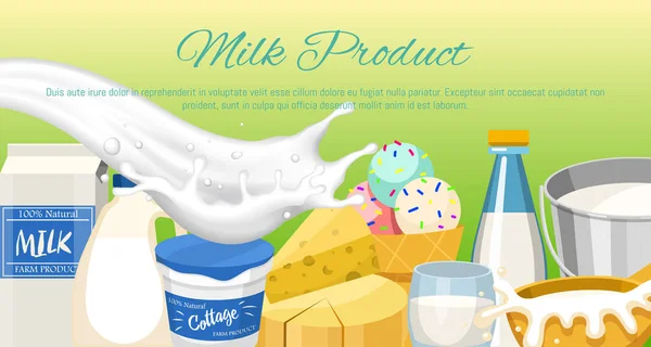 Nápis-čerstvé mléčné výrobky, ilustrace obrazu na plakátu. Organické, kvalitní potraviny. Skvělá chuť a výživná hodnota. Mléko hospodářských zvířat, zmrzlina a domácí sýr. — Stockový vektor